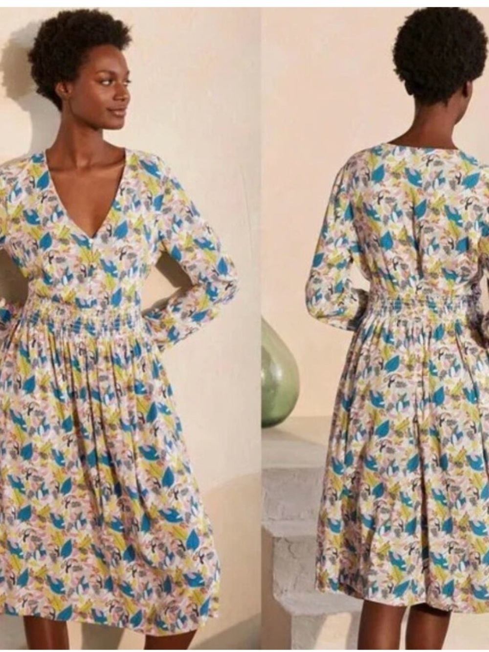 Boden Cream Floral Long-Sleeve V-Neck Dress with Teal and Mustard Leaves